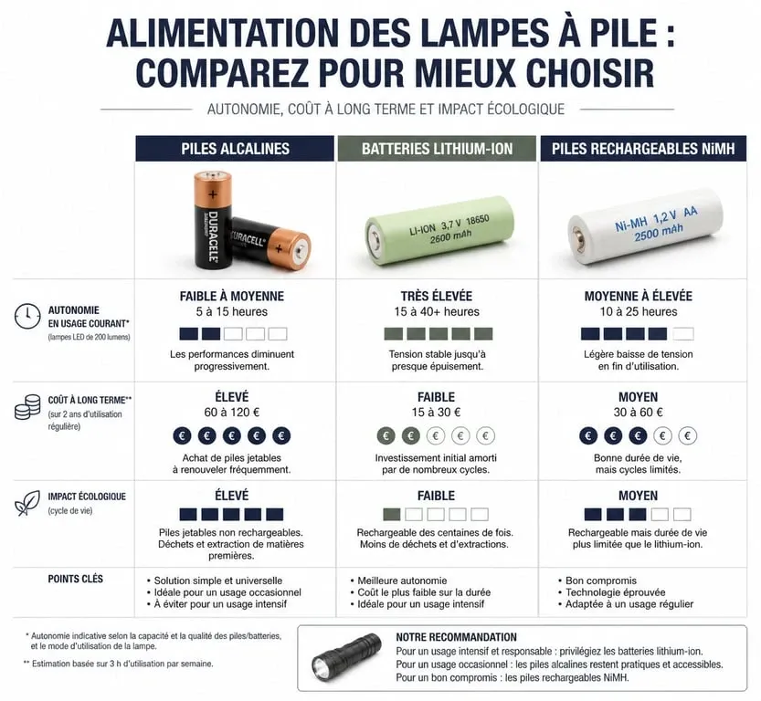 Infographie comparative des types d'alimentation pour lampe à pile