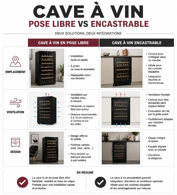 Infographie comparative des types de cave à vin : pose libre vs encastrable pour bien choisir sa cave à vin