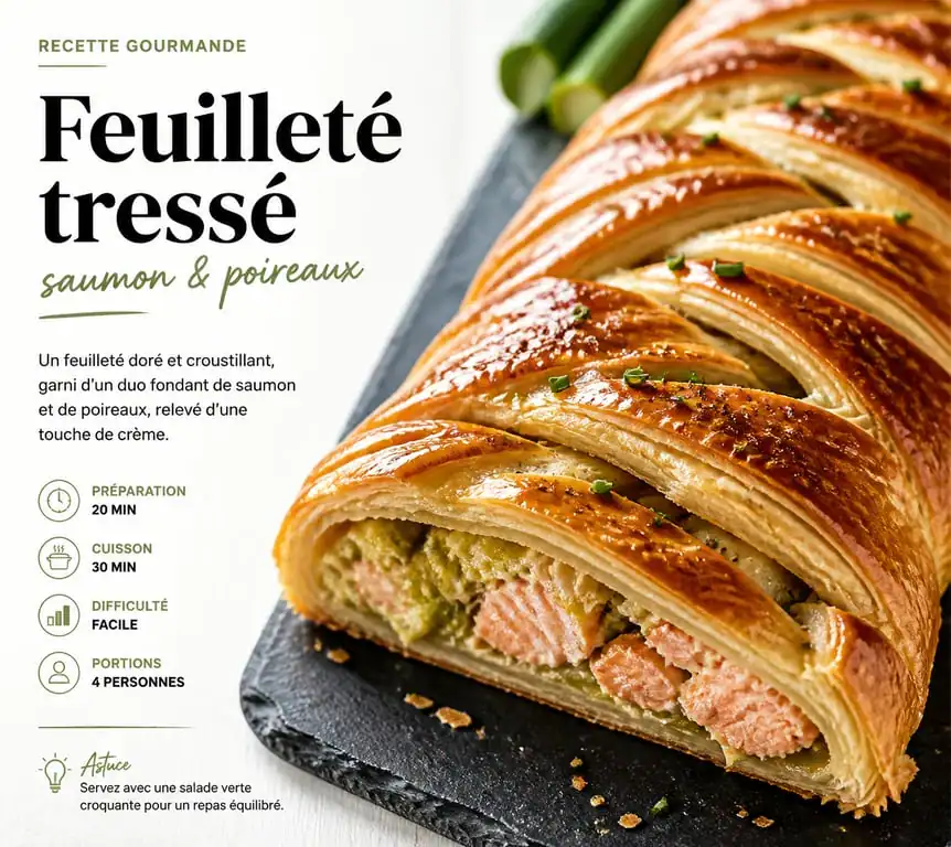 Feuilleté tressé au saumon et poireaux, recette avec de la pâte feuilletée