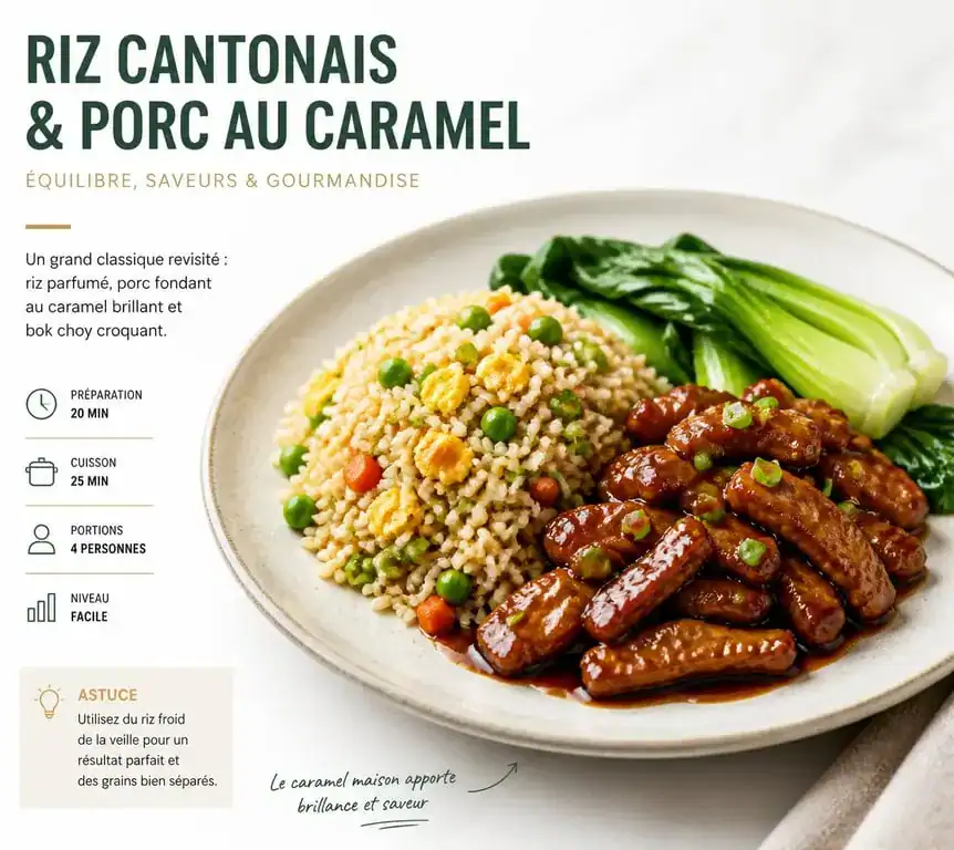 Riz cantonais accompagné de porc au caramel et bok choy