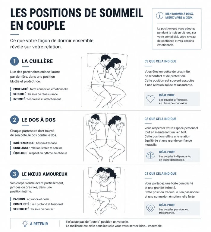 Illustration des différentes positions de sommeil en couple amoureux pour mieux dormir