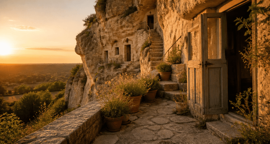 habitat troglodytique falaise tuffeau au coucher de soleil