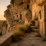 habitat troglodytique falaise tuffeau au coucher de soleil