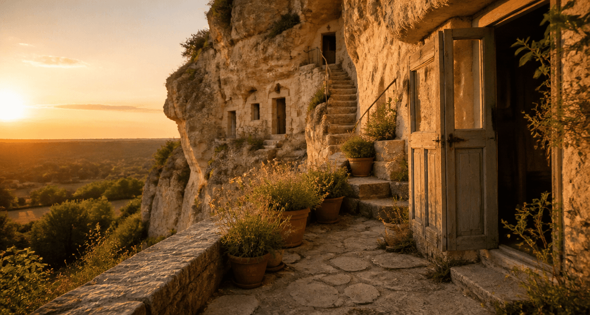 habitat troglodytique falaise tuffeau au coucher de soleil
