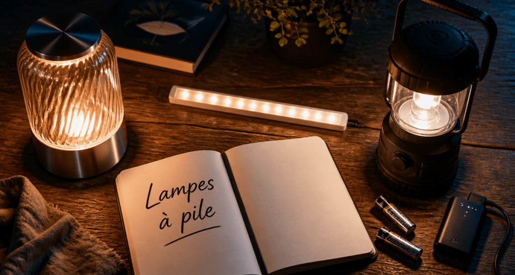 Lampes à pile variées sur table en bois