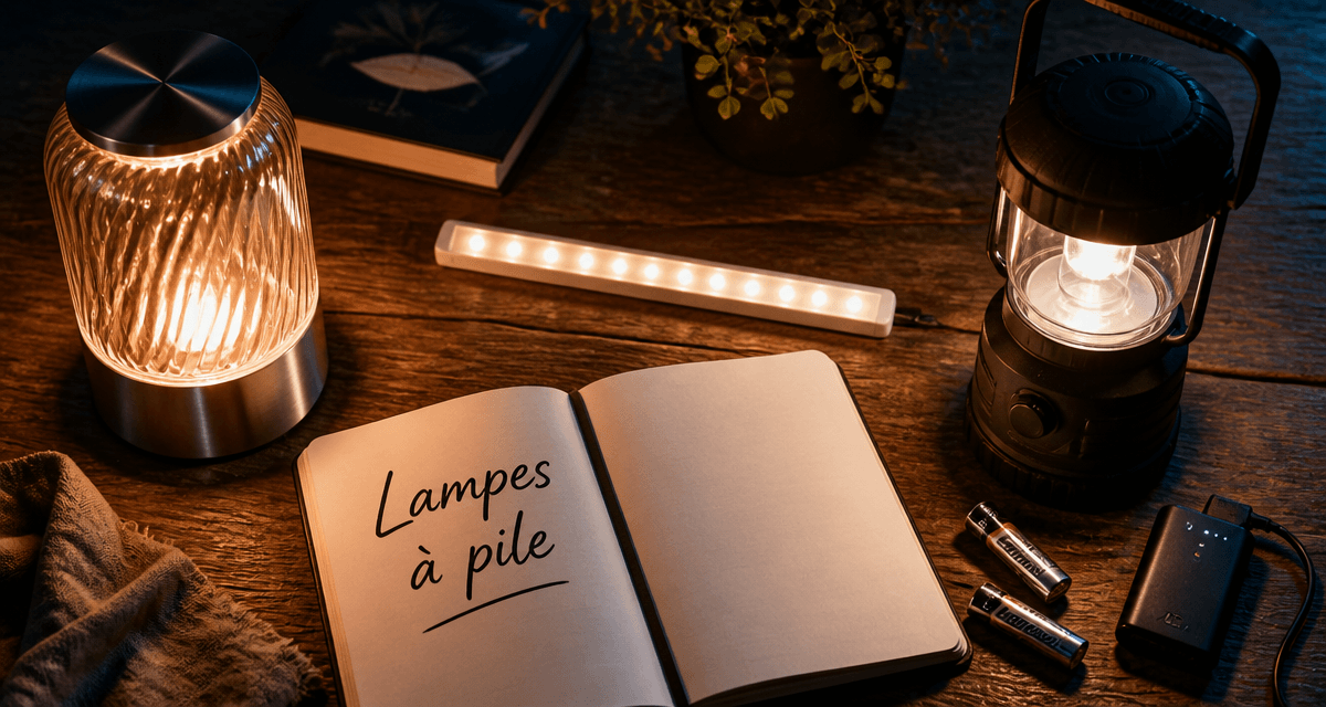 Lampes à pile variées sur table en bois