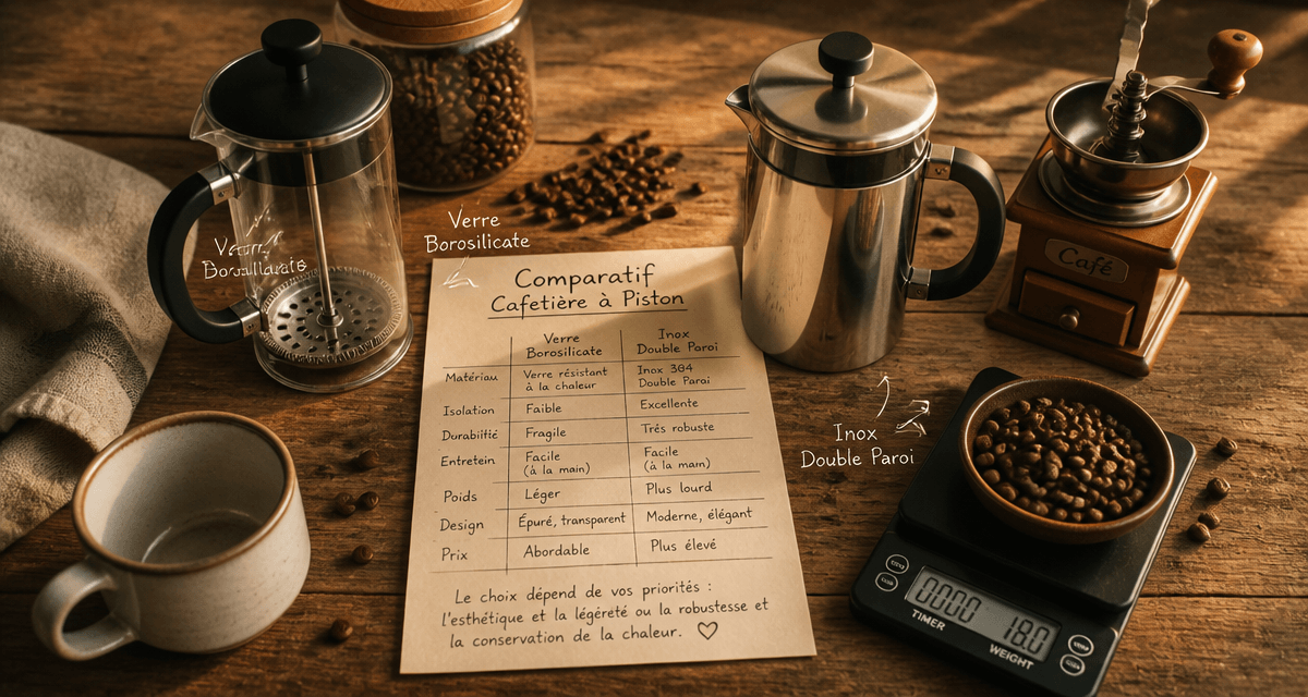 meilleure cafetière à piston verre et inox sur table en bois
