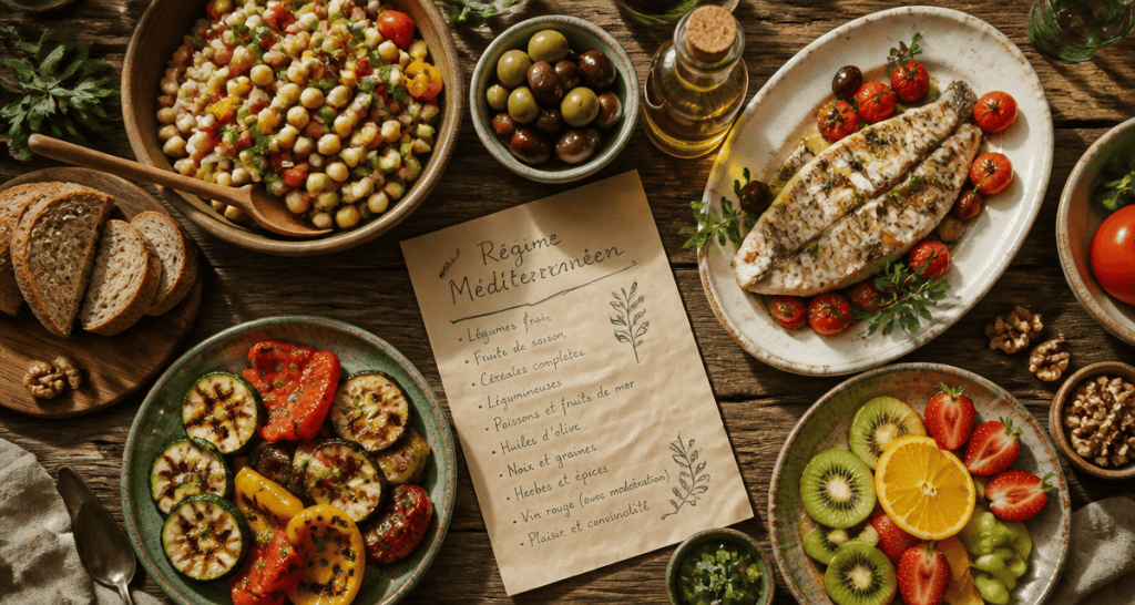 menu type regime mediterraneen sur table avec plats variés