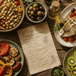 menu type regime mediterraneen sur table avec plats variés