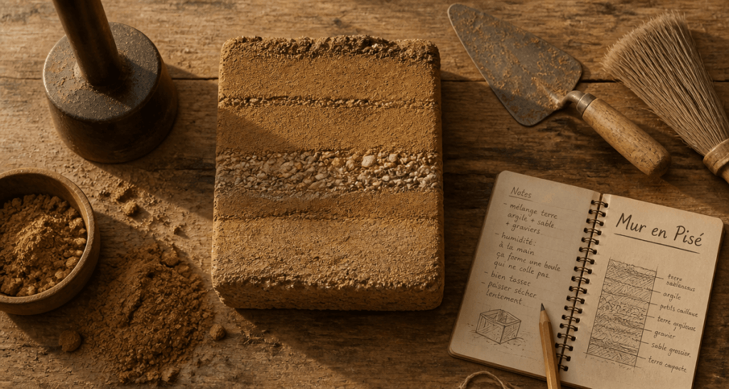 mur en pisé, outils traditionnels, carnet artisan
