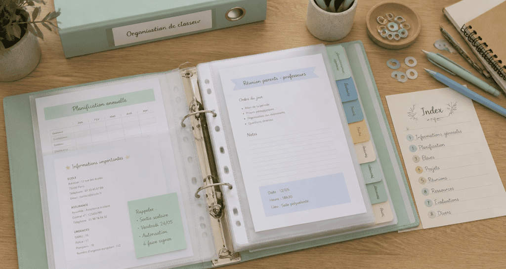 organisation classeur avec intercalaires et pochettes
