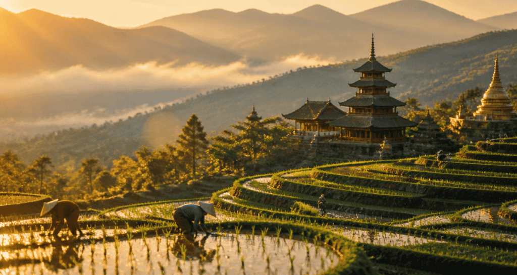 plus beau pays d asie rizières et pagode au coucher du soleil