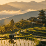 plus beau pays d asie rizières et pagode au coucher du soleil