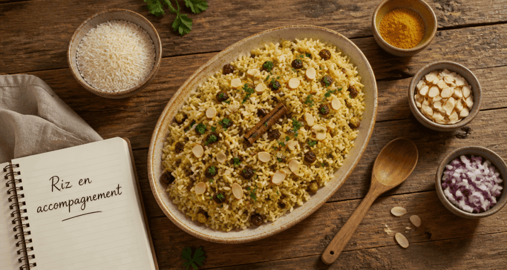 Riz en accompagnement recettes, plat pilaf amandes raisins secs