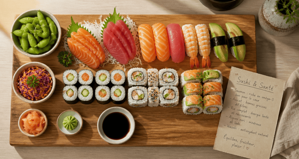 Sushi bon pour la sante, plateau varié et fiche nutrition