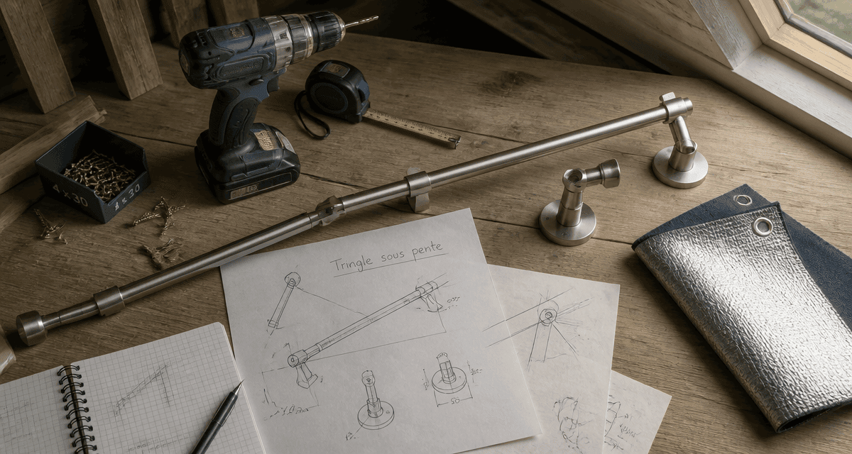 Tringle rideau sous pente, supports et outils atelier