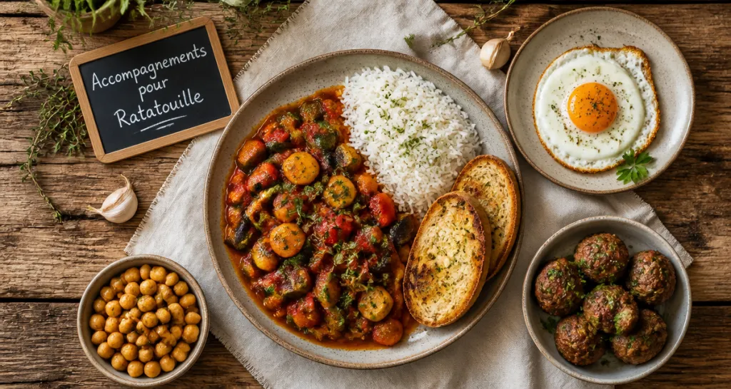 Accompagnement ratatouille avec riz, pain, œuf, boulettes et pois chiches