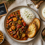 Accompagnement ratatouille avec riz, pain, œuf, boulettes et pois chiches