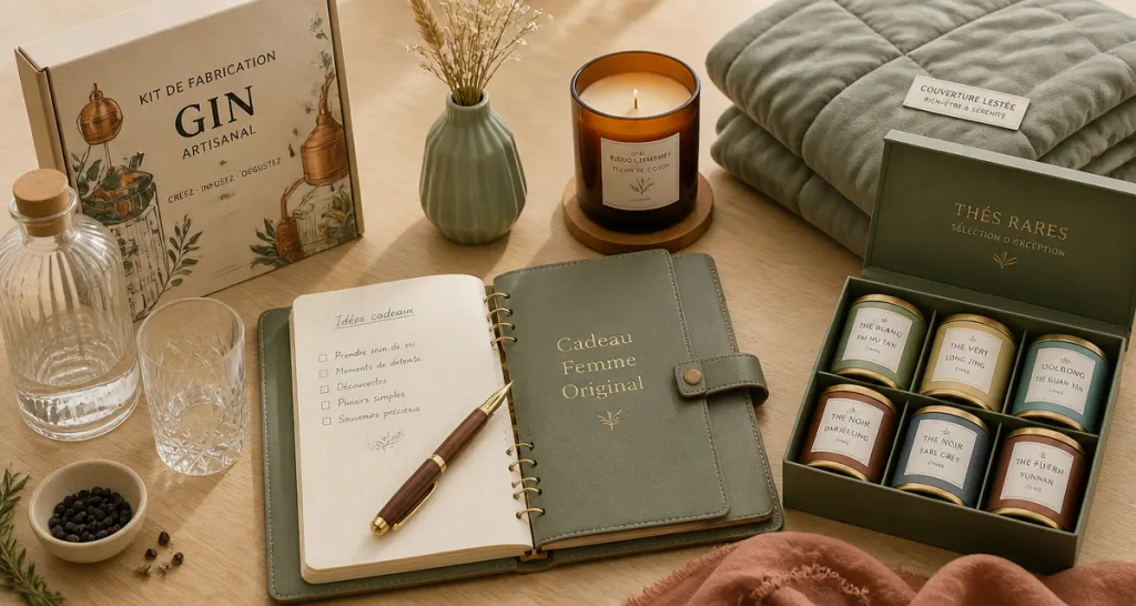 cadeaux femme originaux disposés sur table