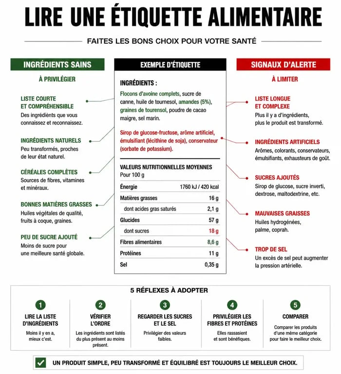 Infographie sur la lecture des étiquettes pour une alimentation healthy et équilibrée