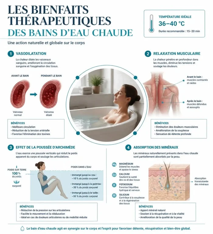 Infographie sur les bienfaits thérapeutiques d'un bain d'eau chaude pour la santé