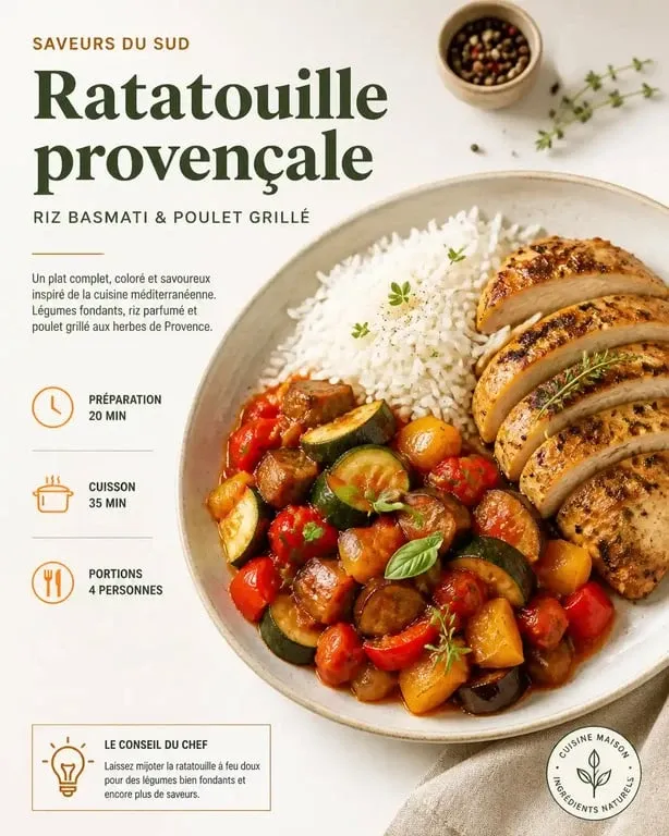 Assiette de ratatouille avec accompagnement protéiné et riz pour un repas équilibré