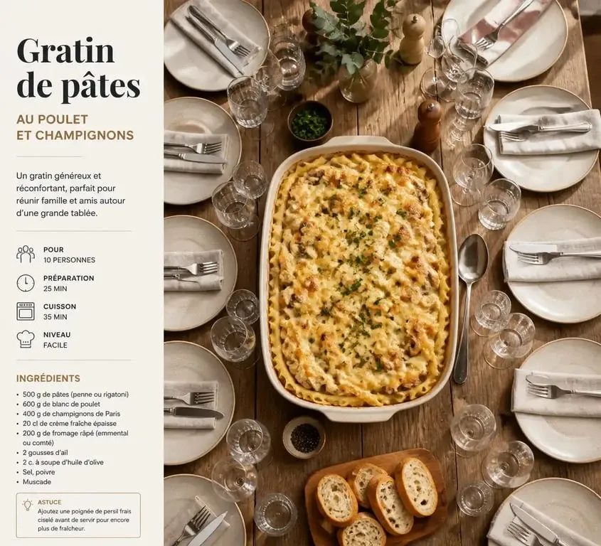 Recette de gratin de pâtes pour 10 personnes servi dans un grand plat familial