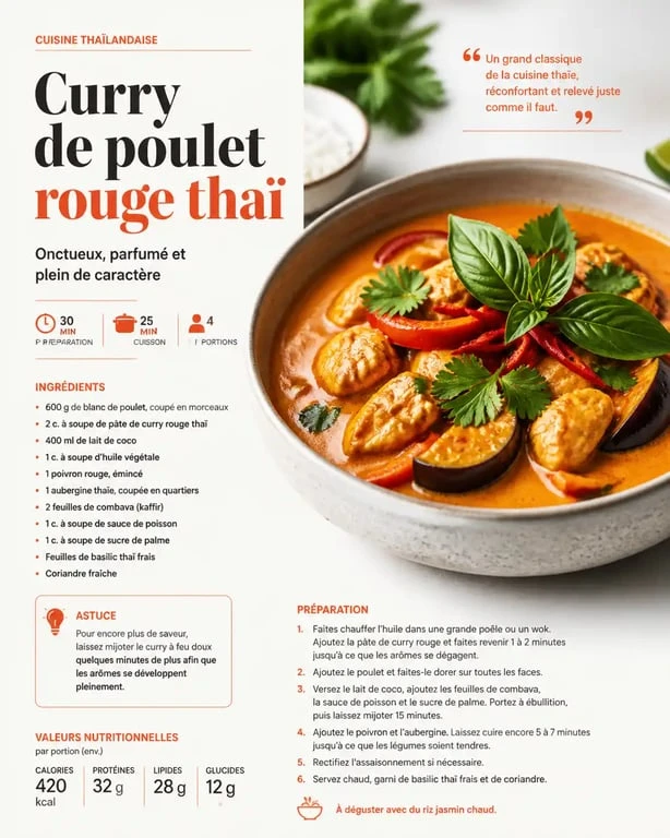 Bol de curry de poulet rouge thaï, une recette avec pâte de curry savoureuse et facile à réaliser.