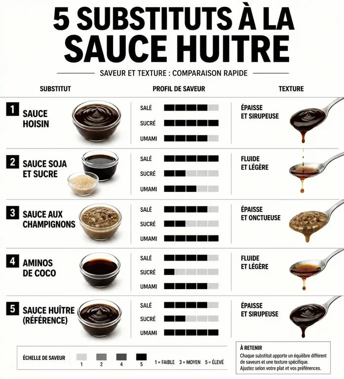 Infographie comparative des meilleurs substituts à la sauce huître pour vos recettes
