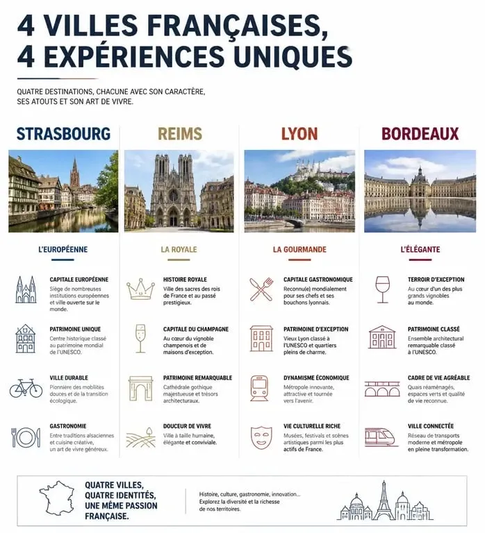 Infographie comparative des villes à visiter en France : Strasbourg, Reims, Lyon et Bordeaux