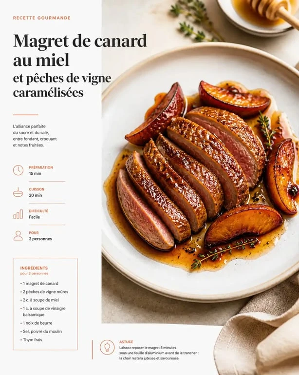 Magret de canard au miel et pêches de vigne, spécialité culinaire proposée dans les restaurants à Ibos
