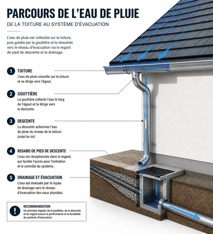 Schéma technique du système d'évacuation des eaux pluviales pour une maison individuelle