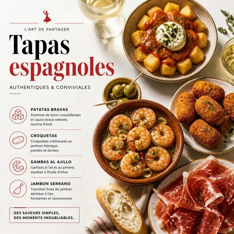 Assortiment de tapas espagnoles variées sur une table conviviale pour une recette de tapas espagnol authentique