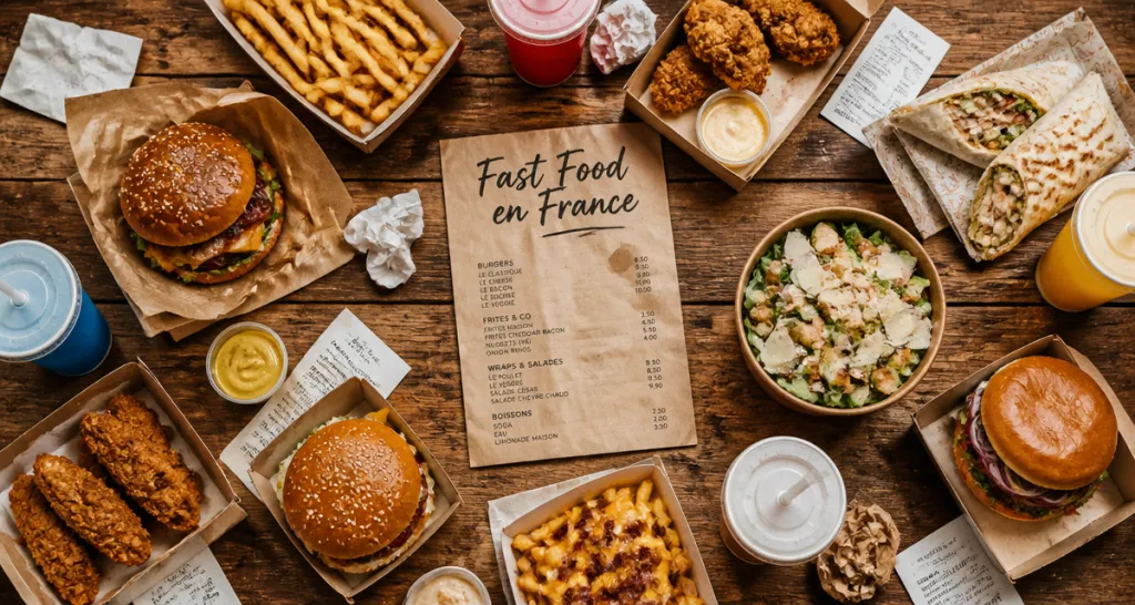 Table de fast food connus en France avec burgers et frites