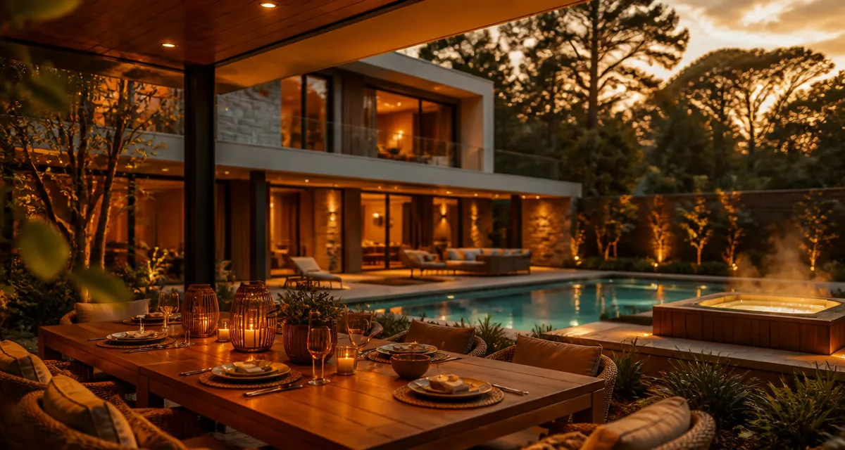 Terrasse et piscine d'une villa au crépuscule, table dressée en extérieur