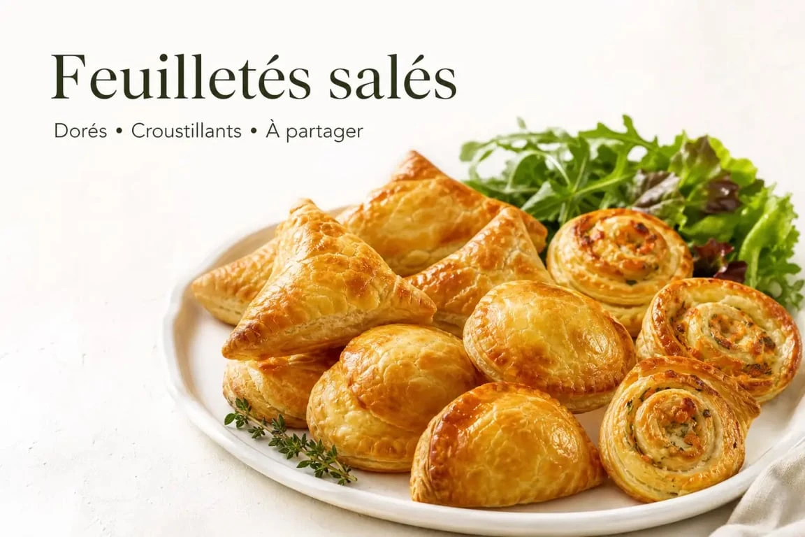 Recette feuilleté salé : assortiment de feuilletés dorés et croustillants au jambon fromage sur plat de service
