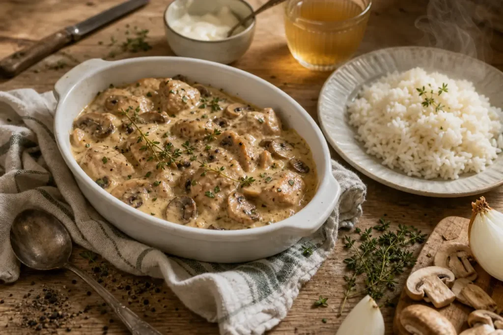 Plat a base de poulet, gratin crémeux au poulet et champignons, riz
