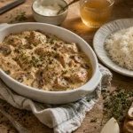 Plat a base de poulet, gratin crémeux au poulet et champignons, riz