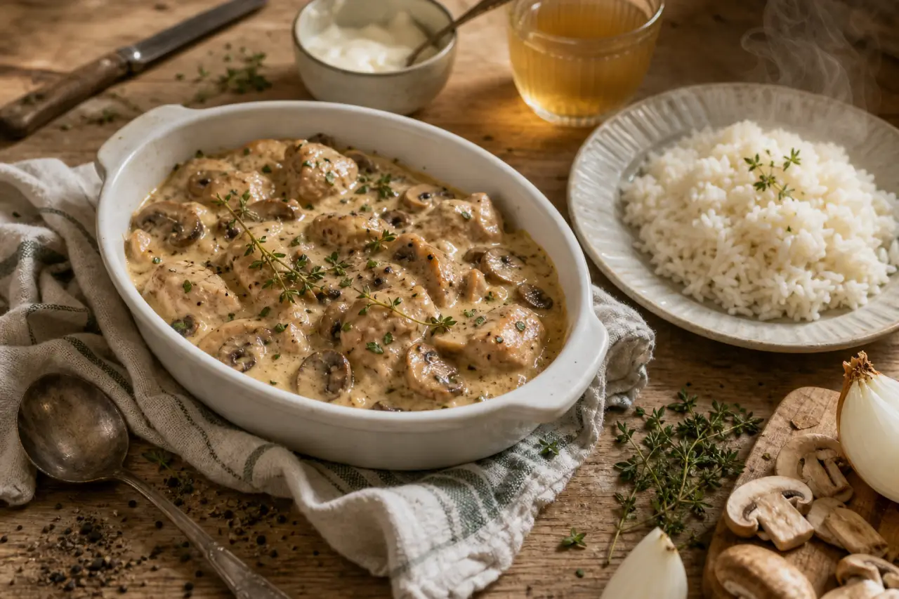 Plat a base de poulet, gratin crémeux au poulet et champignons, riz