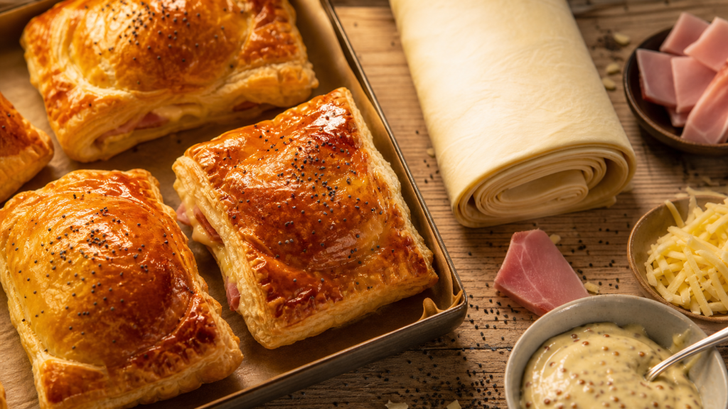 Recette feuilleté salé croustillant en 30 minutes, feuilletés jambon-fromage dorés