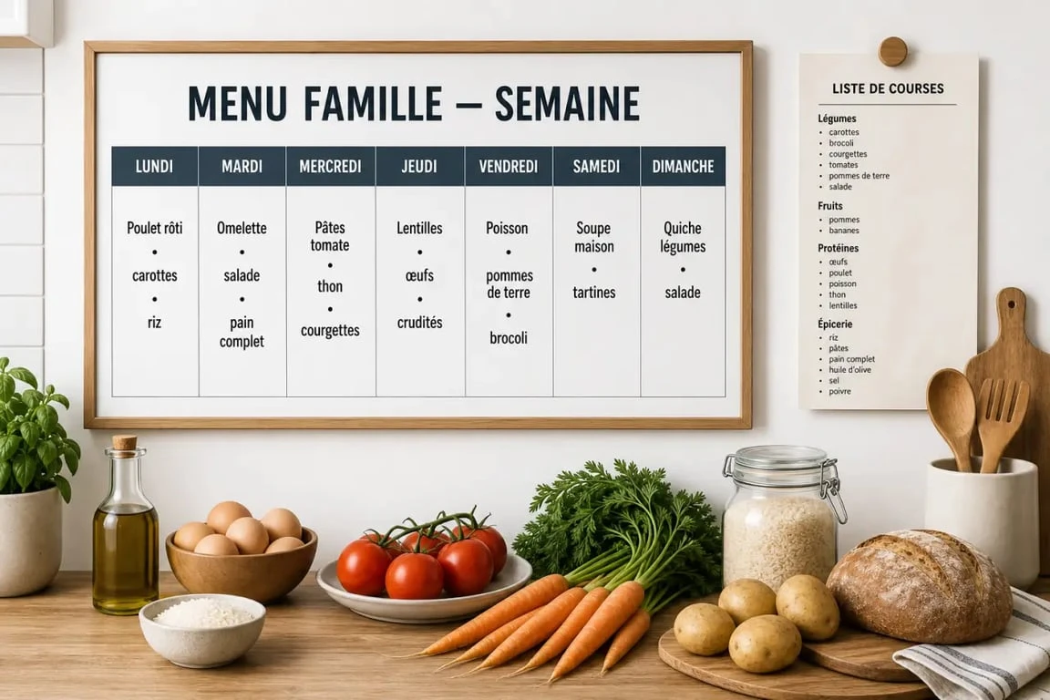 Menu famille semaine présenté sur un tableau hebdomadaire dans une cuisine, avec repas équilibrés et liste de courses