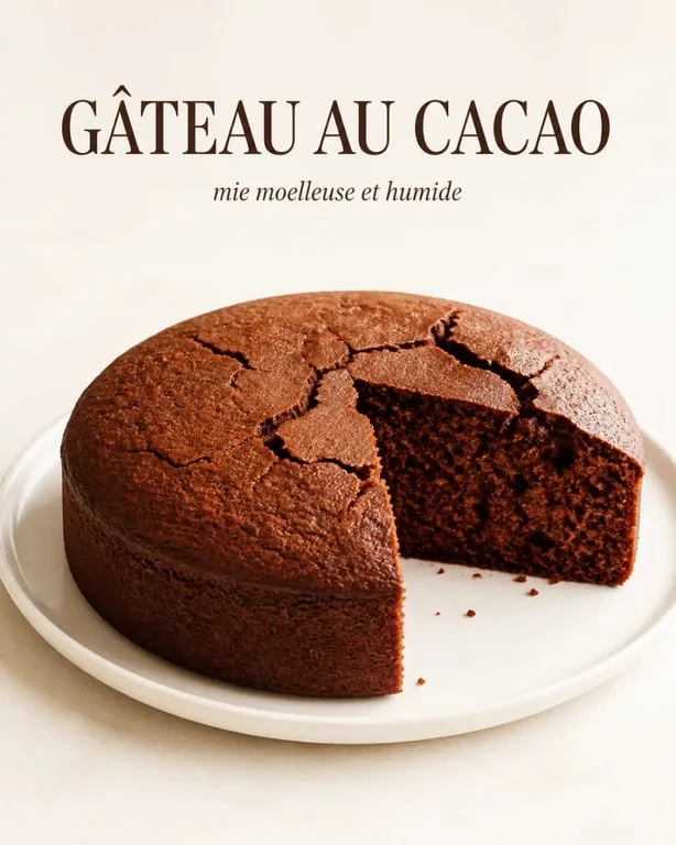 Gâteau cacao moelleux et aérien, présenté en vue de trois quarts sur une assiette simple
