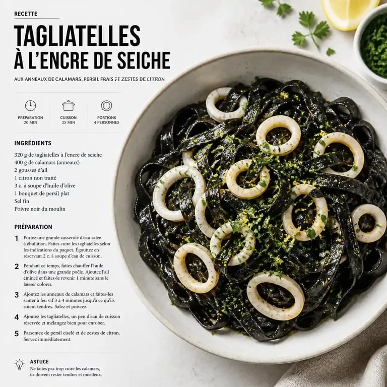 Tagliatelles à l'encre de seiche, plat signature du restaurant Bistrot O'Prado à Marseille