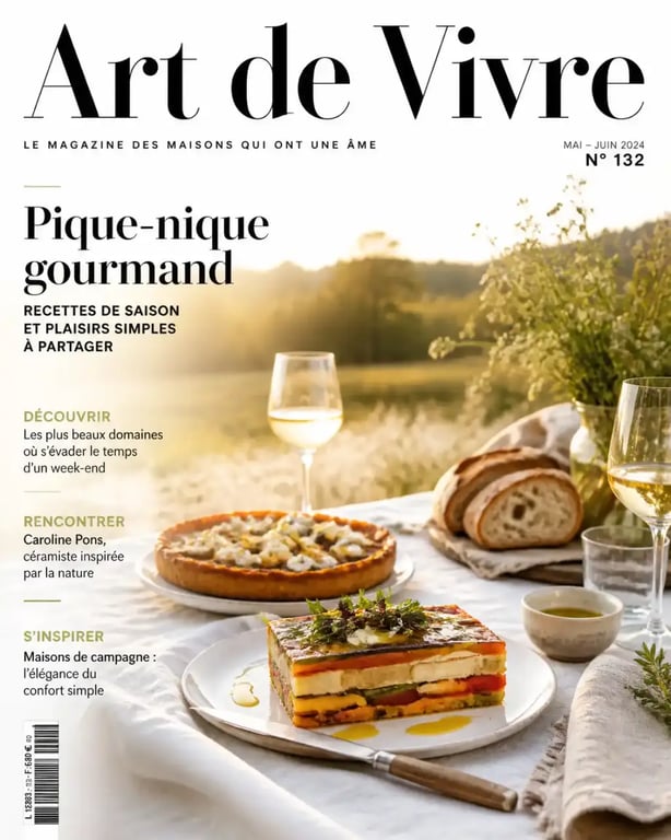 Pique-nique gastronomique élégant dressé dans une clairière avec terrine de légumes et tarte fine