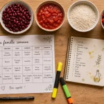 Menu famille semaine : 7 dîners et liste de courses sur une table de cuisine