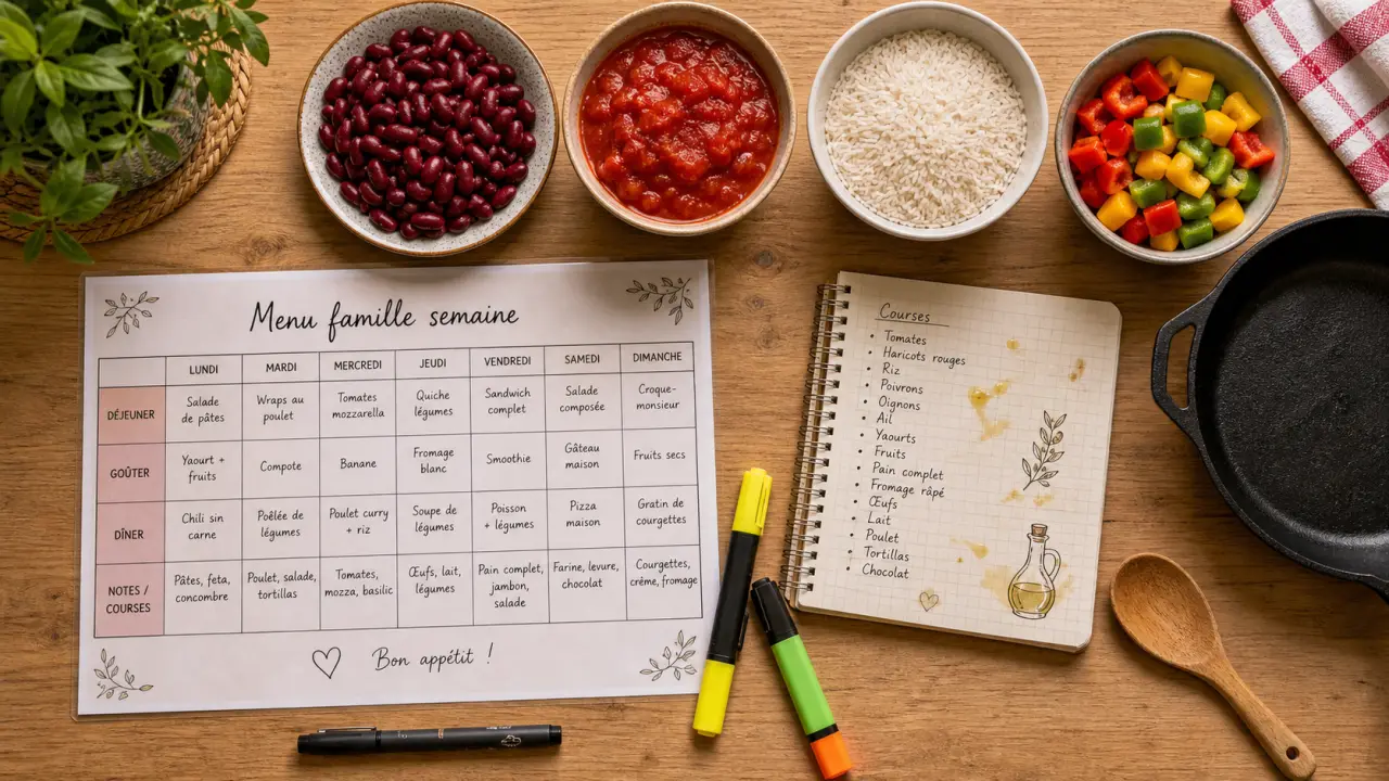 Menu famille semaine : 7 dîners et liste de courses sur une table de cuisine
