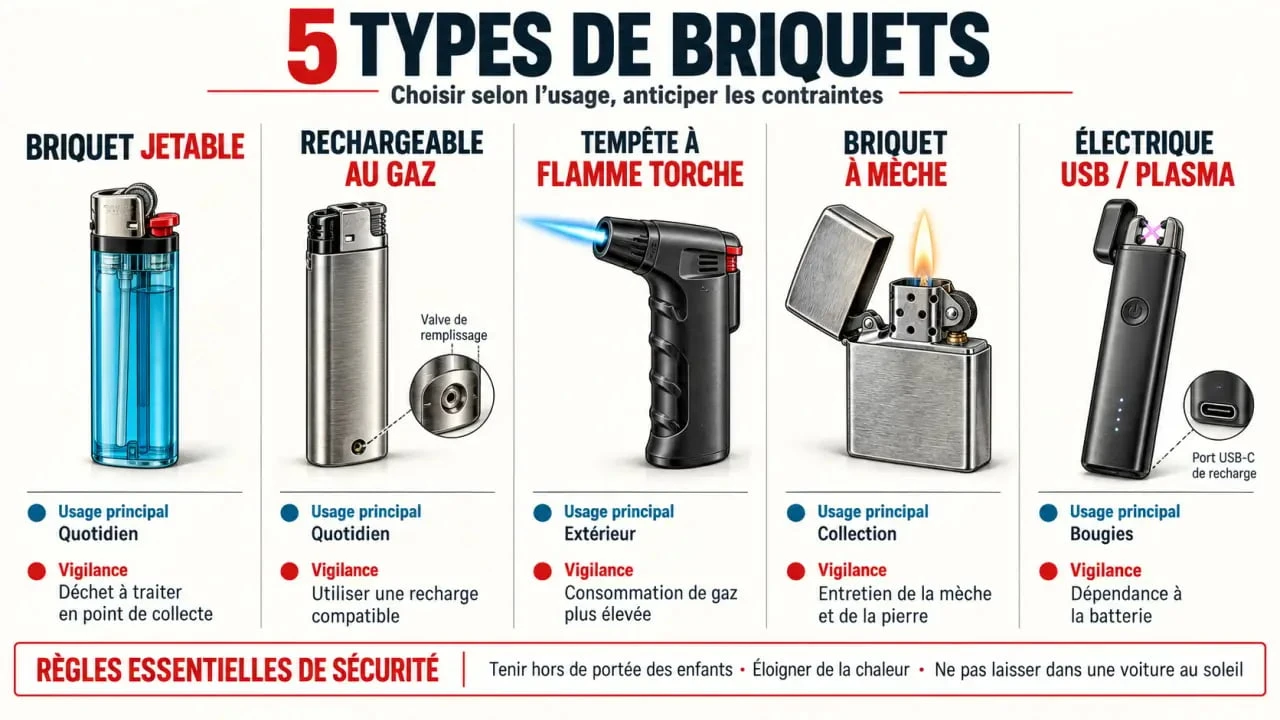 Infographie comparant les principaux types de briquet selon leur usage et leur sécurité