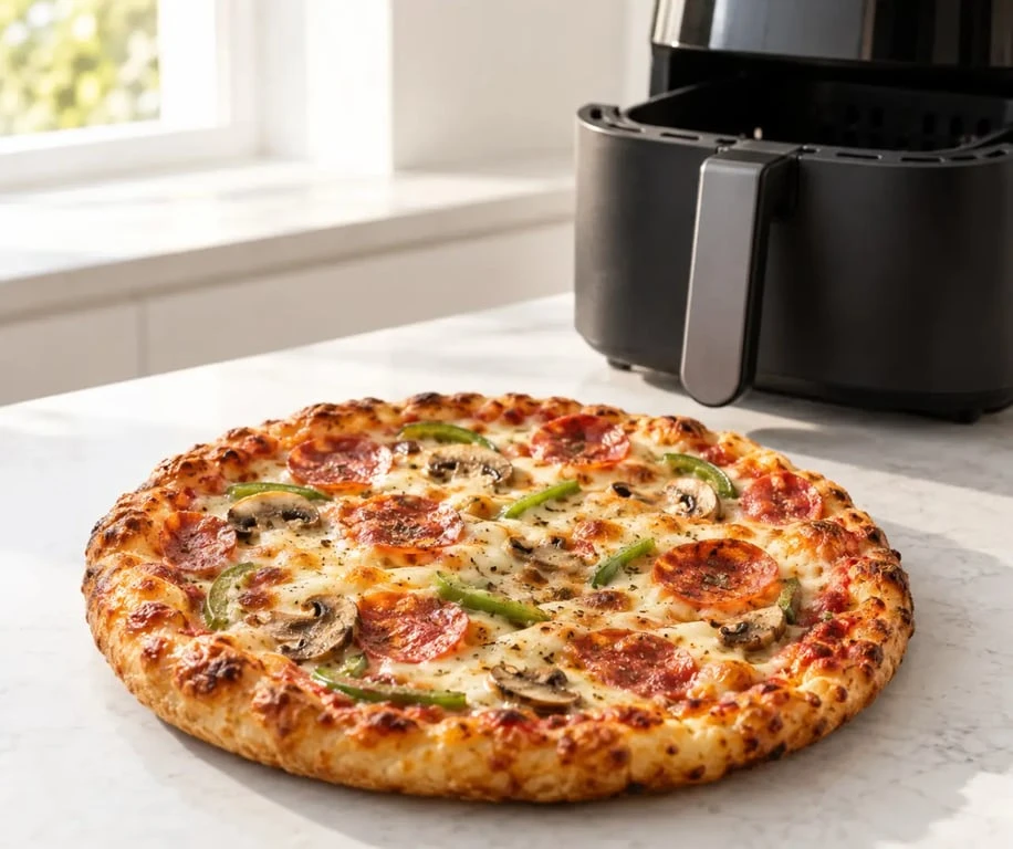 Pizza surgelée airfryer dorée et croustillante après cuisson