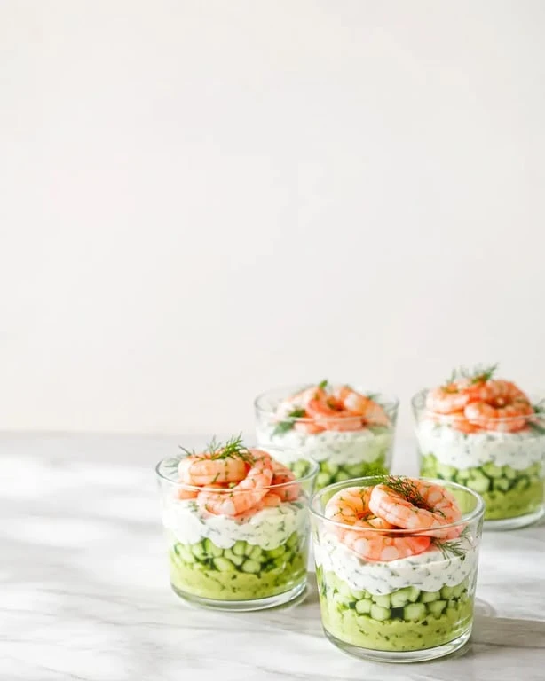 Entrées froides en verrines avocat, crevettes et concombre