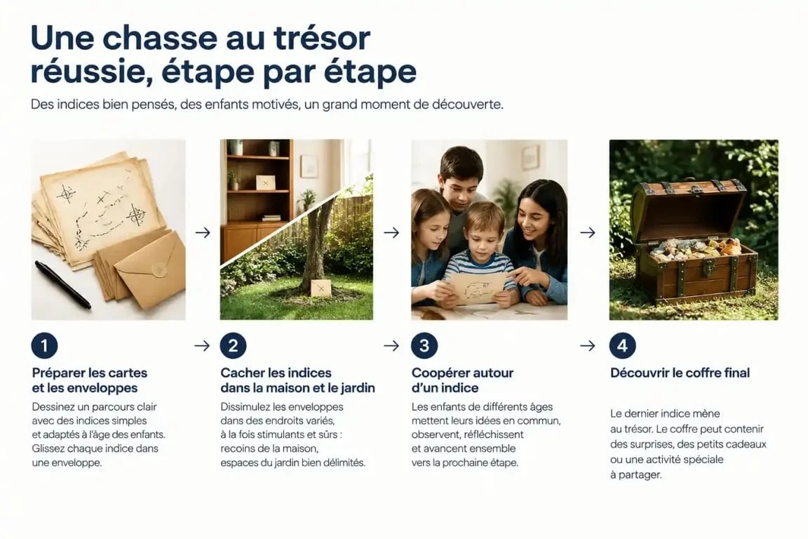 Chasse au trésor enfant organisée en plusieurs étapes avec indices, coopération et coffre final